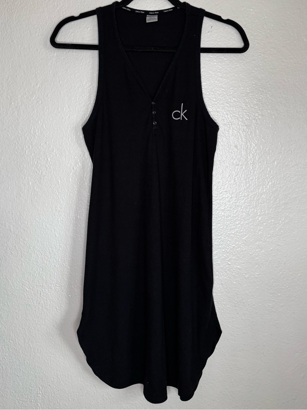 Calvin Klein Black Henley Logo Tank Sleevless Nightshirt Dress Sz M